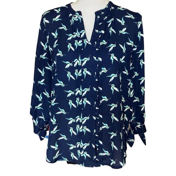 41Hawthorn Navy Blue Green Hummingbird Blouse Small - Picture 1 of 5